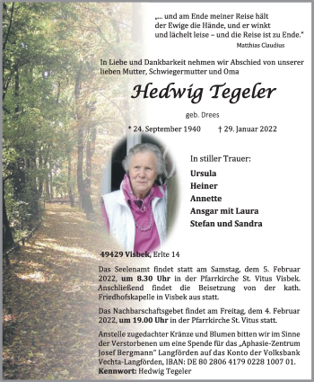 Anzeige von Hedwig Tegeler von OM-Medien