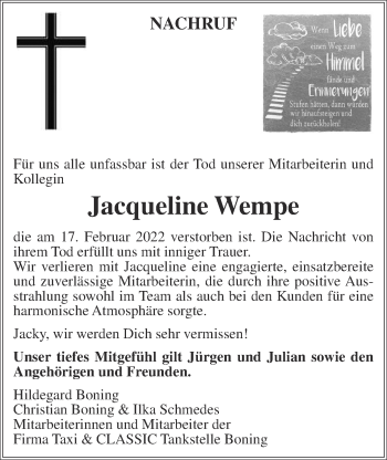 Anzeige von Jacqueline Wempe von OM-Medien