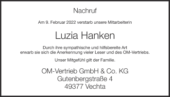 Anzeige von Luzia Hanken von OM-Medien