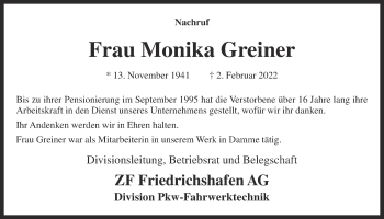 Anzeige von Monika Greiner von OM-Medien