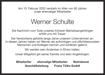 Anzeige von Werner Schulte von OM-Medien