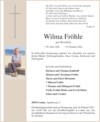 Anzeige von Wilma Fröhle von OM-Medien