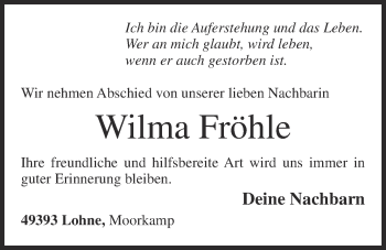 Anzeige von Wilma Fröhle von OM-Medien