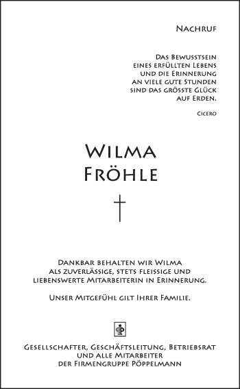 Anzeige von Wilma Fröhle von OM-Medien
