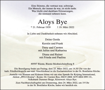 Anzeige von Aloys Bye von OM-Medien