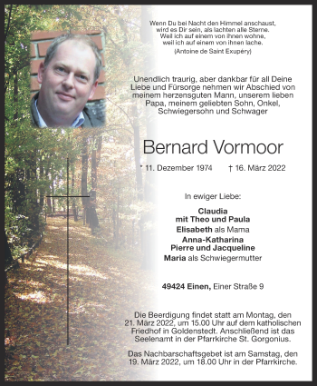 Anzeige von Bernard Vormoor von OM-Medien