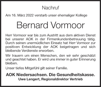Anzeige von Bernard Vormoor von OM-Medien
