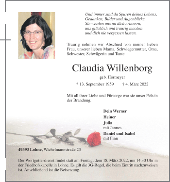 Anzeige von Claudia Willenborg von OM-Medien
