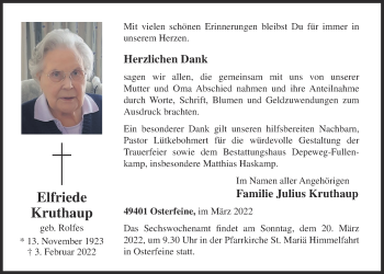 Anzeige von Elfriede Kruthaup von OM-Medien