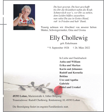 Anzeige von Elly Chollewig von OM-Medien