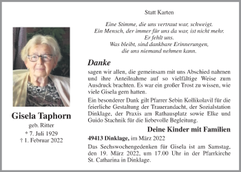 Anzeige von Gisela Taphorn von OM-Medien