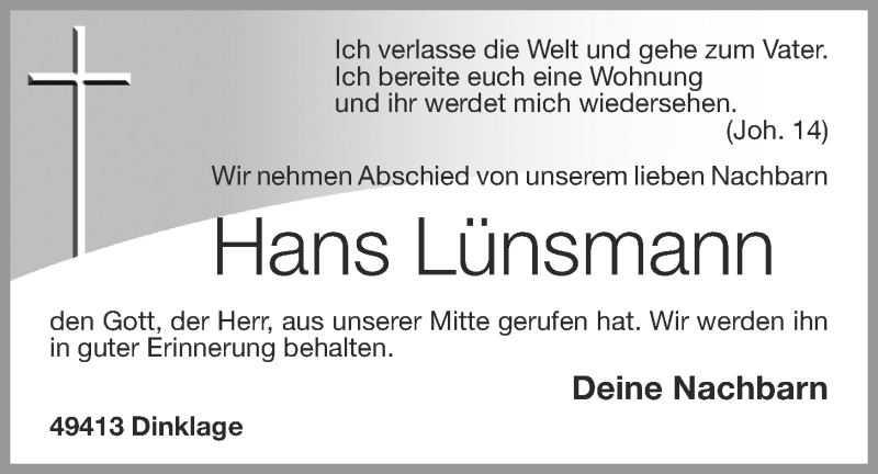  Traueranzeige für Hans Lünsmann vom 23.03.2022 aus OM-Medien