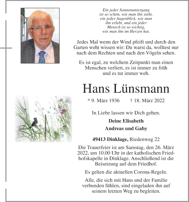  Traueranzeige für Hans Lünsmann vom 21.03.2022 aus OM-Medien