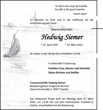 Anzeige von Hedwig Siemer von OM-Medien
