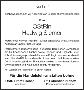 Anzeige von Hedwig Siemer von OM-Medien