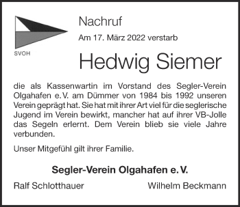 Anzeige von Hedwig Siemer von OM-Medien