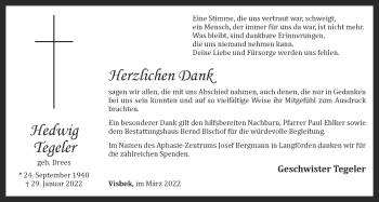 Anzeige von Hedwig Tegeler von OM-Medien