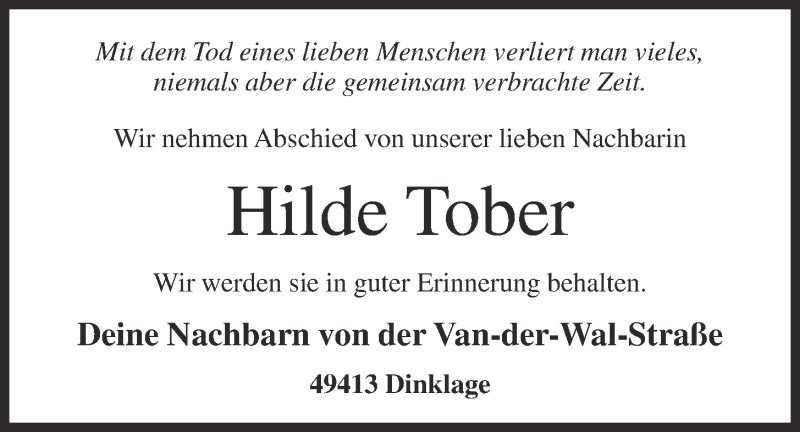  Traueranzeige für Hilde Tober vom 29.03.2022 aus OM-Medien