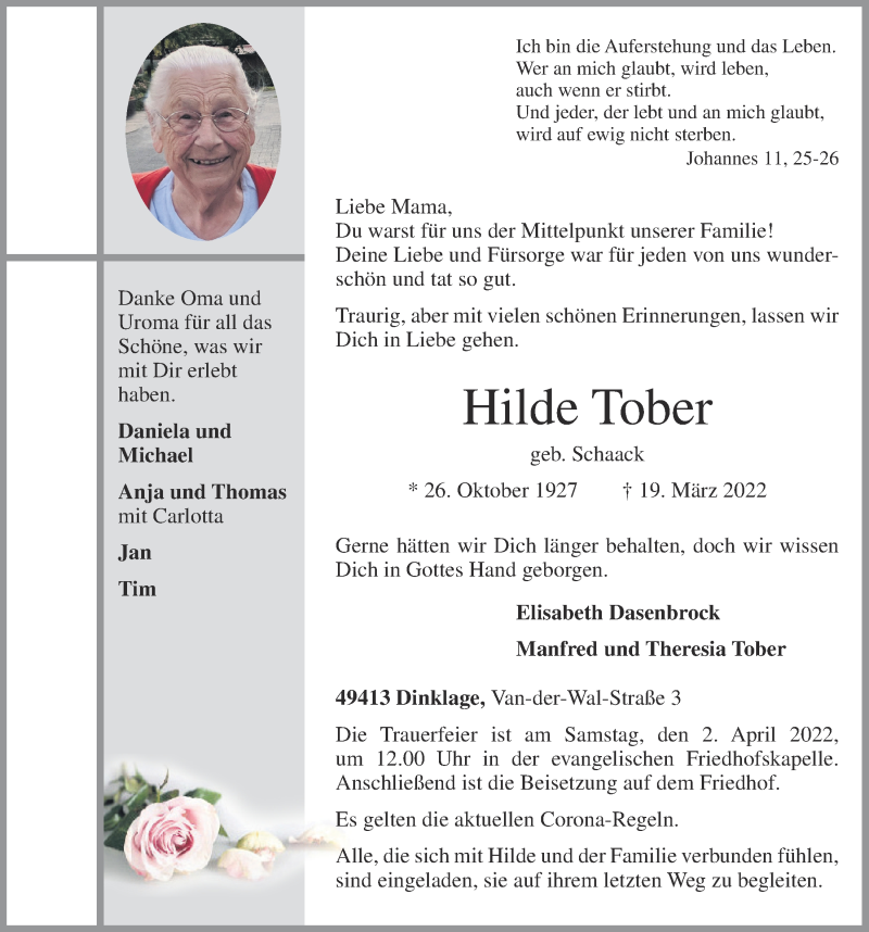  Traueranzeige für Hilde Tober vom 28.03.2022 aus OM-Medien