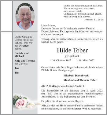 Anzeige von Hilde Tober von OM-Medien