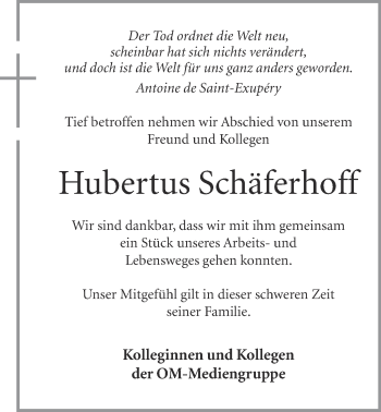 Anzeige von Hubertus Schäferhoff von OM-Medien