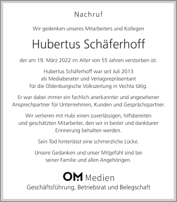 Anzeige von Hubertus Schäferhoff von OM-Medien