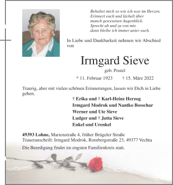 Anzeige von Irmgard Sieve von OM-Medien