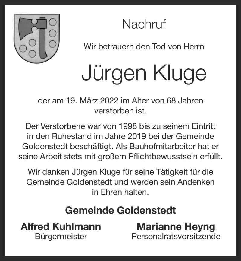  Traueranzeige für Jürgen Kluge vom 25.03.2022 aus OM-Medien