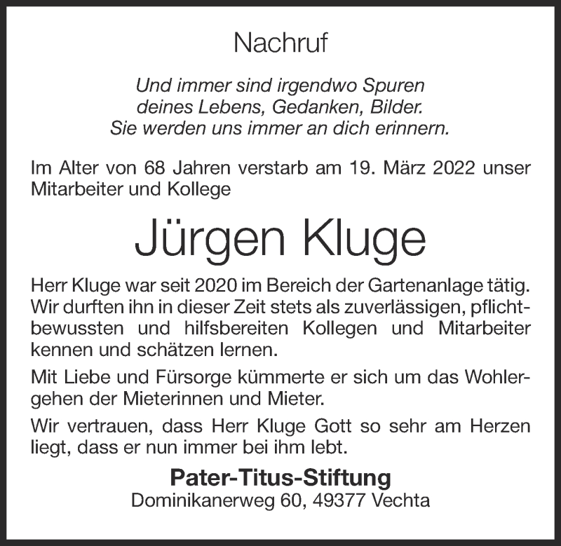  Traueranzeige für Jürgen Kluge vom 23.03.2022 aus OM-Medien