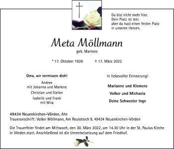 Anzeige von Meta Möllmann von OM-Medien