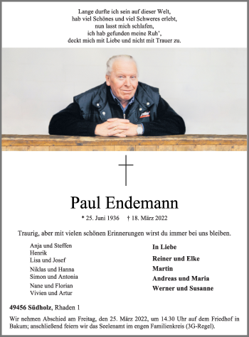 Anzeige von Paul Endemann von OM-Medien