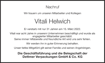 Anzeige von Vitali Helwich von OM-Medien