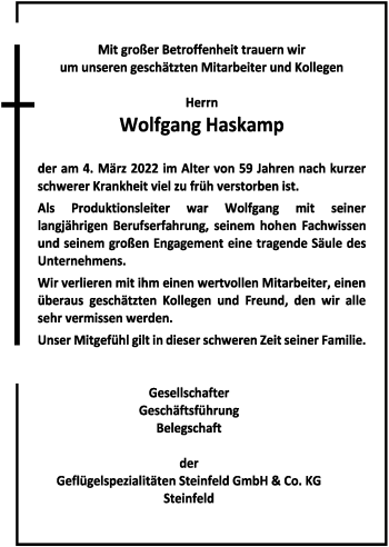Anzeige von Wolfgang Haskamp von OM-Medien
