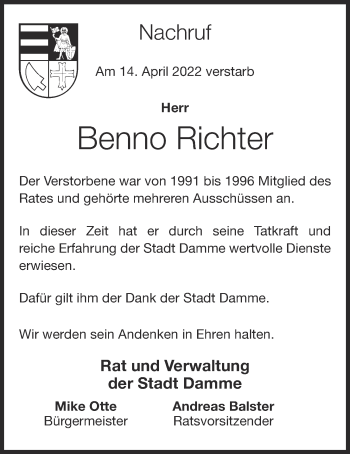 Anzeige von Benno Richter von OM-Medien