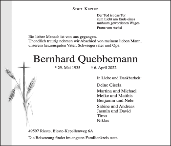 Anzeige von Bernhard Quebbemann von OM-Medien