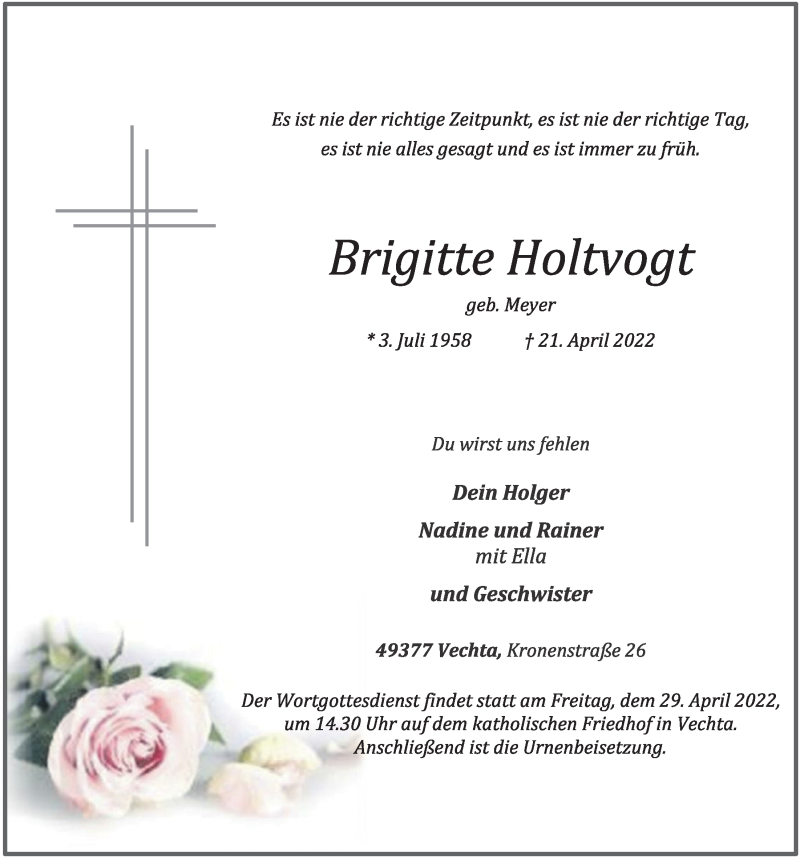  Traueranzeige für Brigitte Holtvogt vom 26.04.2022 aus OM-Medien