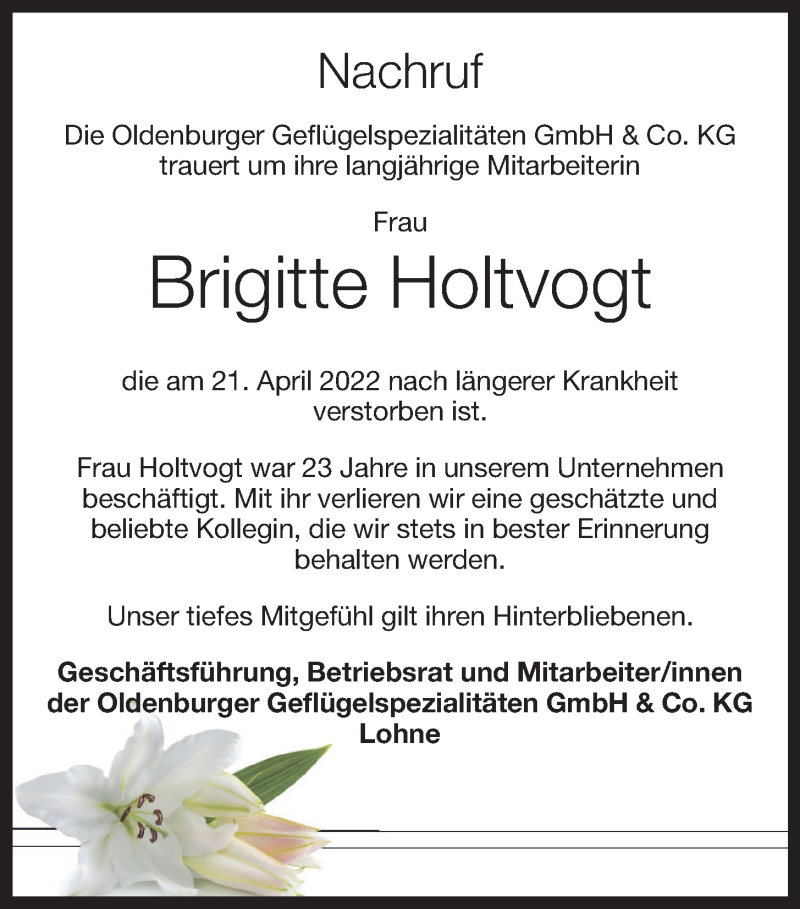  Traueranzeige für Brigitte Holtvogt vom 28.04.2022 aus OM-Medien