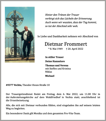 Anzeige von Dietmar Frommert von OM-Medien