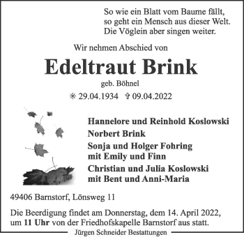 Anzeige von Edeltraud Brink von OM-Medien