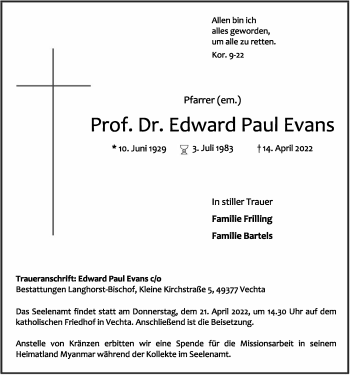 Anzeige von Edward Paul Evans von OM-Medien