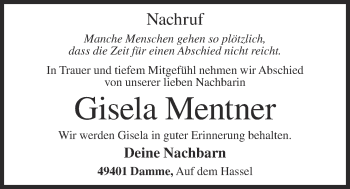 Anzeige von Gisela Mentner von OM-Medien