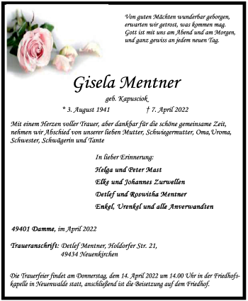 Anzeige von Gisela Mentner von OM-Medien