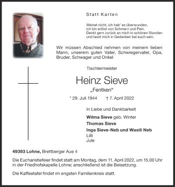 Anzeige von Heinz Sieve von OM-Medien