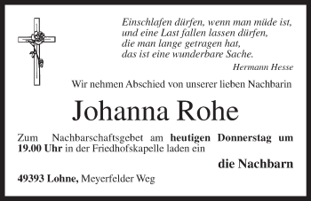 Anzeige von Johanna Rohe von OM-Medien