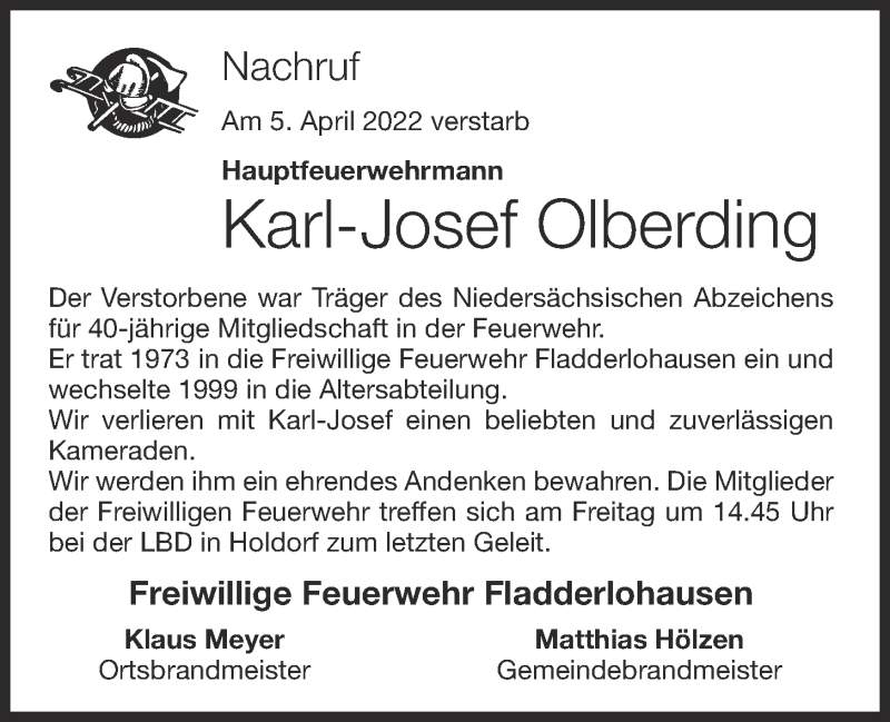  Traueranzeige für Karl-Josef Olberding vom 07.04.2022 aus OM-Medien