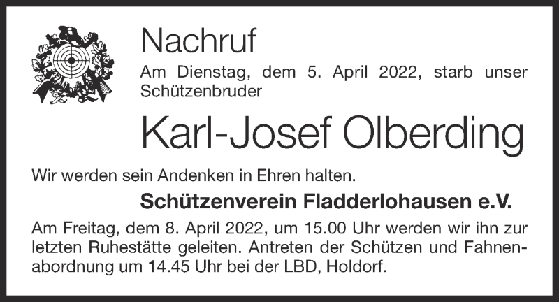  Traueranzeige für Karl-Josef Olberding vom 07.04.2022 aus OM-Medien