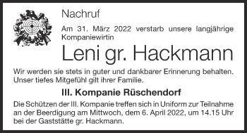 Anzeige von Leni gr. Hackmann von OM-Medien