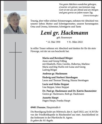 Anzeige von Leni Hackmann von OM-Medien