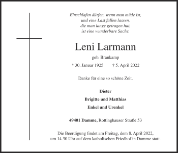 Anzeige von Leni Larmann von OM-Medien
