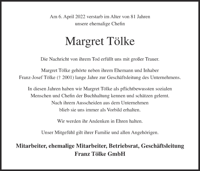  Traueranzeige für Margret Tölke vom 16.04.2022 aus OM-Medien